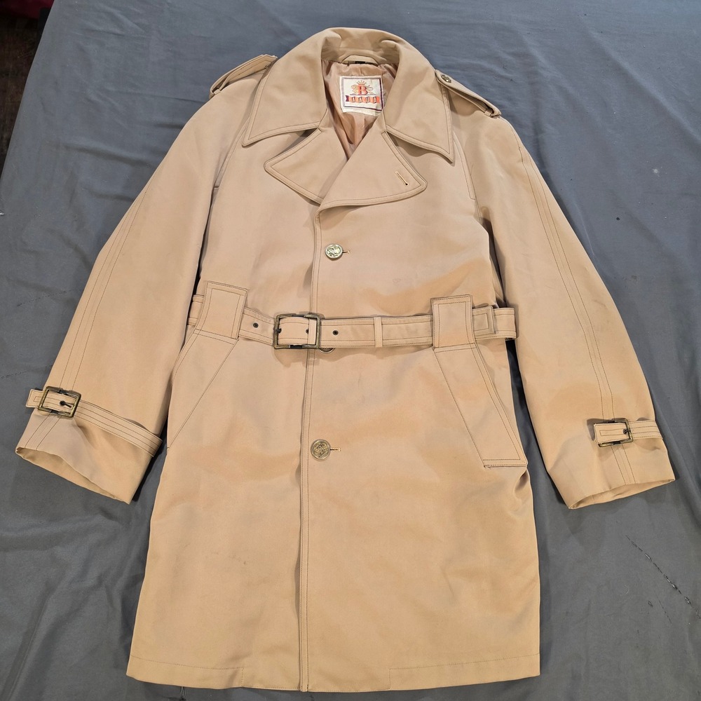 Vintage Baracuta Khaki Trench Coat Belted Mid Length Tan Mens 44R Hong Kong